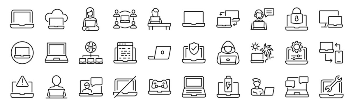 Set of 30 outline icons related to laptop. Linear icon collection. Editable stroke. Vector illustration