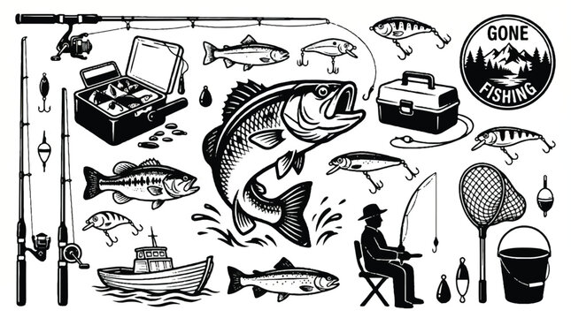Black and white illustration of various fishing related items and a man sitting on a chair