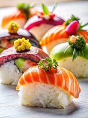 Delicate sushi nigiri pieces artfully arranged on a crisp white background, showcasing their vibrant colors and textures