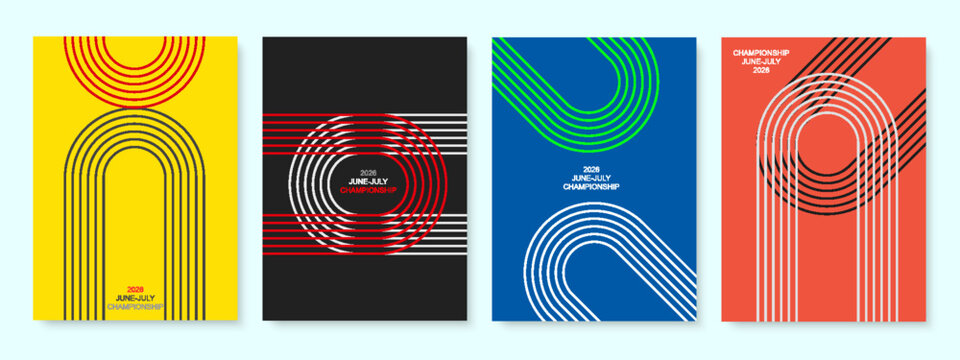 Modern minimalistic posters with running track shapes, abstract design for championship sports competitions cover, posters, brochure