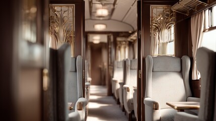 Fototapeta premium Interior of a train car with empty seats and soft lighting in a vintage style