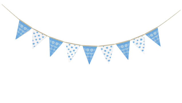 Delightful decorative garland featuring simple stylized blue and white dotted triangle flags, perfect for adding a celebratory and cheerful ambiance to any event or space