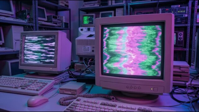 Retro computing setup with green code and glitch aesthetic. Old computers with digital noise and signal interference. Retrowave concept