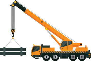 Orange mobile crane lifting metal beams on a white background Keywords: crane, mobile crane, construction, industrial, lifting © Mahafuj  Creatives