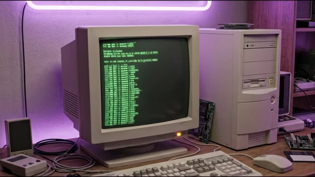 Desktop computer with green command line interface code text and retro gaming console setup, a retrowave inspired workspace
