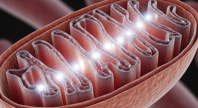 Detailed 3D rendering of a mitochondrion the powerhouse of the cell showing inner membrane folds (cr