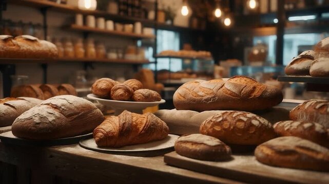 A bakery display showcasing various breads and croissants, in a warm, inviting setting