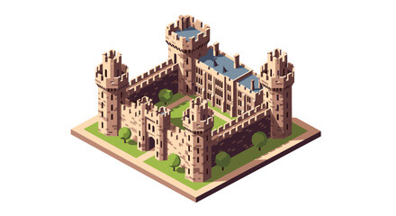 Obraz premium Isometric medieval castle with towers and courtyard