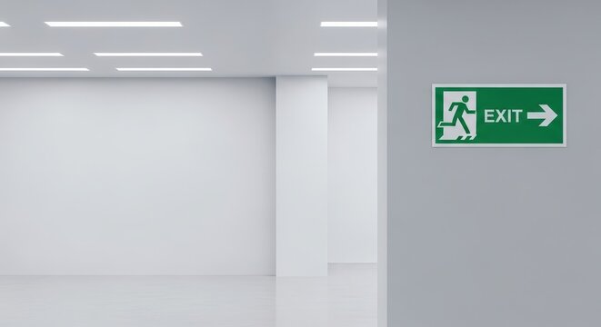 Green exit sign on gray wall in modern empty room. Crisis escape route symbol, emergency safety and evacuation concept