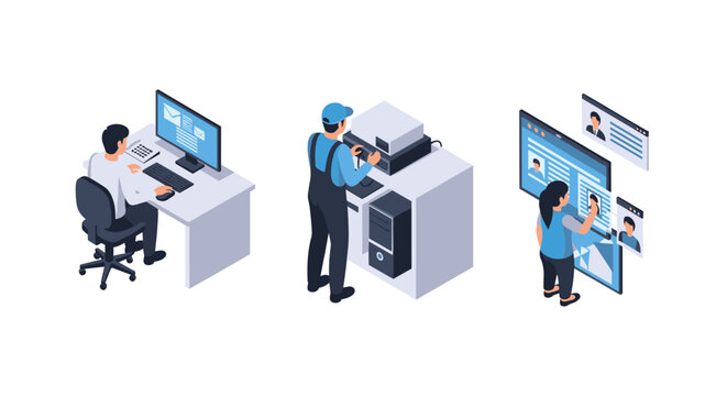 Isometric office technology: remote work, tech support, digital profiles