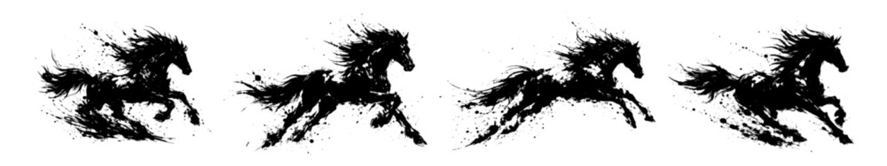 Expressive black ink silhouette of a running horse with dynamic splashes and brush strokes, conveying speed, power and freedom.