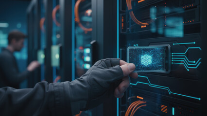 Ai developer programming coding technology data center technician inserting security token while maintaining server hardware and network systems