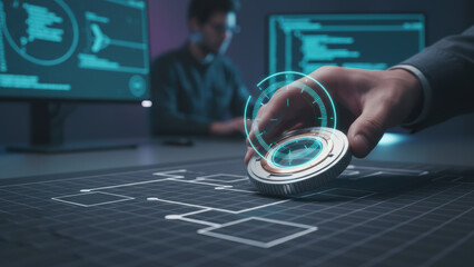 Ai developer programming coding technology futuristic device interface table with hand interacting holographic circuit display expressing focus
