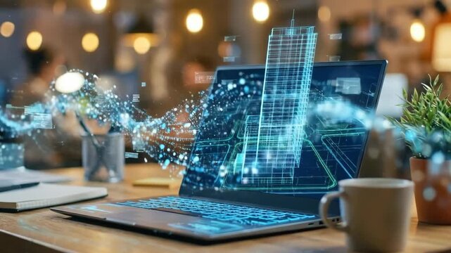 Digital architectural blueprint on laptop screen with data transfer. Computer aided design construction analysis concept