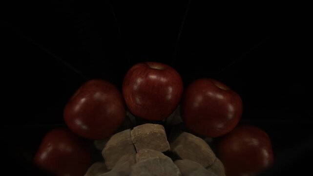 Intense frontal fire expands and attempts to fill entire mirrored frame around red apple in 1000fps slow mo. Floating sparks and dense flames create an encroaching thermal wall. Concept: encroachment