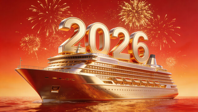Luxury Cruise Ship Sailing on Calm Seas with Fireworks Display and Prominent '2026' Numerals Against a Red Sky, Symbolizing New Year Celebrations and Future Journeys