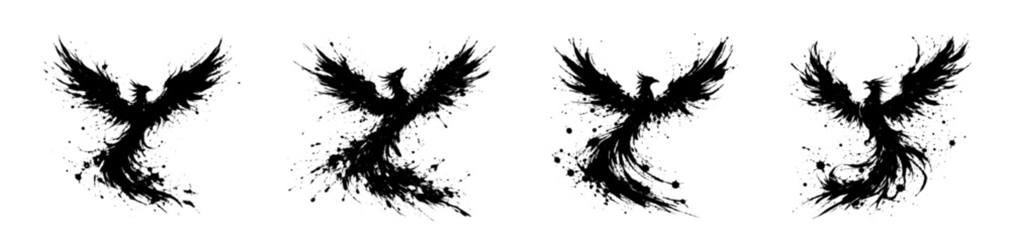 Ink silhouette of a rising phoenix with spread wings, symbolizing rebirth, power and transformation.