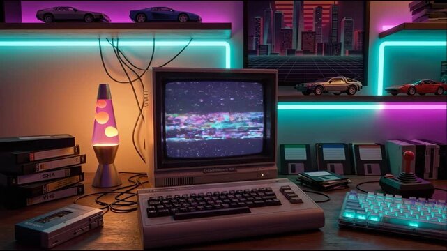 Retro gaming computer setup with old CRT monitor displaying green light video game and glowing neon lava lamp, retrowave concept