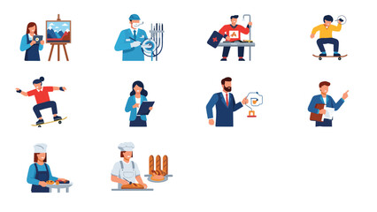 Fototapeta premium Diverse collection of people representing different professions including doctors, chefs, athletes, and artists.