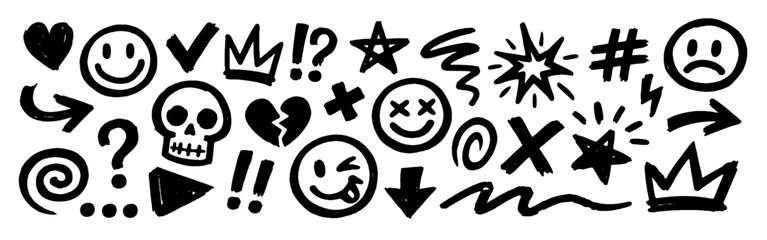 Hand-drawn black doodle symbols including arrows, hearts, smileys, stars and abstract marks in playful sketch style. © drawing lines