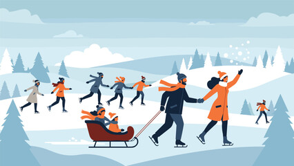 Fototapeta premium Lively winter scene with people ice skating on a frozen lake and a family enjoying a sled ride through the snow.