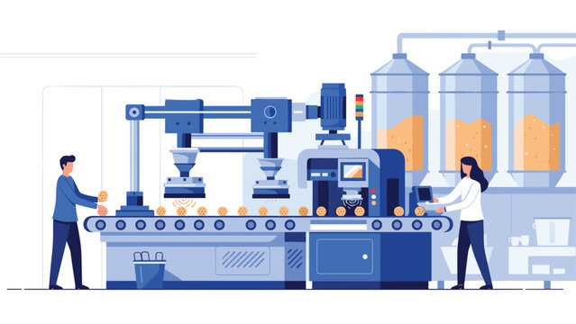Automated factory production line processes cookies on a conveyor belt while workers monitor the high-tech machinery in a clean facility.