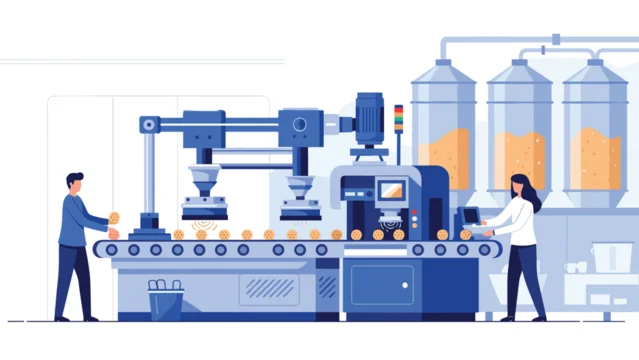 Automated factory production line processes cookies on a conveyor belt while workers monitor the high-tech machinery in a clean facility.