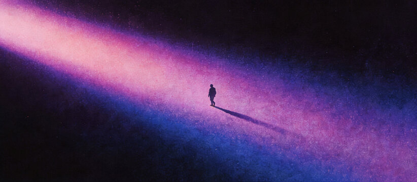 Solitary traveler silhouette in dark void with purple magenta blue diagonal glow, high-contrast film grain noise, ethereal soft-focus lighting, minimalist composition.
