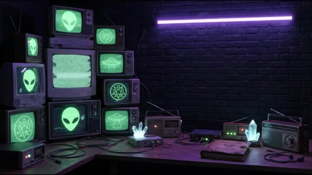 Retro TVs displaying alien, flying saucer, and pentagrams with glowing crystal on desk, neon light on brick wall