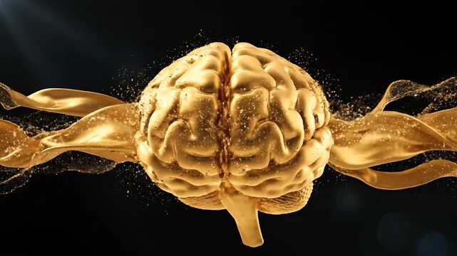 Detailed golden human brain exploding with golden ribbons on black background from front view