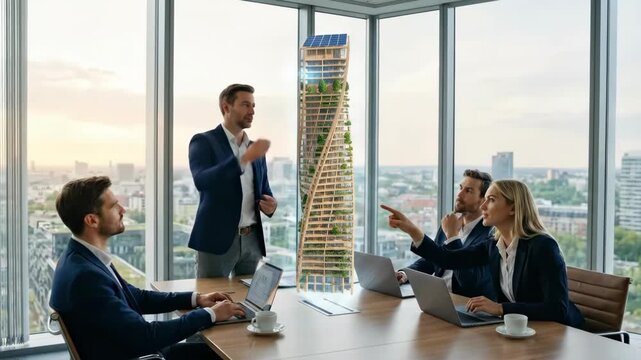 Group of professionals present and discuss a sustainable building model with solar panels and green spaces in an office meeting
