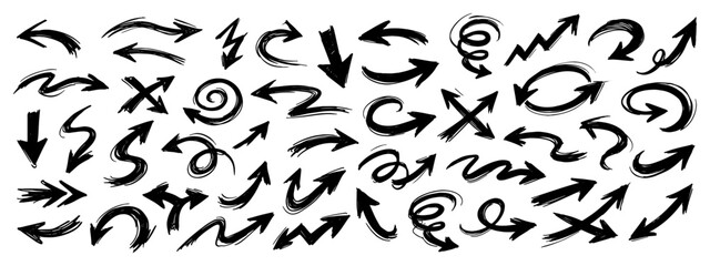 A comprehensive set of hand-drawn black ink arrows and brush stroke pointers in various shapes and styles on a white background.