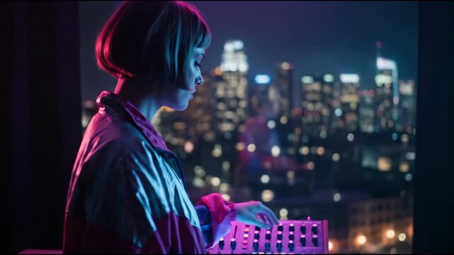 Woman in retrowave jacket with synthesizer at night against city skyline, a mood of contemplation and active music creation
