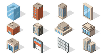 Isometric urban buildings collection: modern architecture and office design