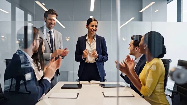 Business team clapping after speech in modern office meeting room  
