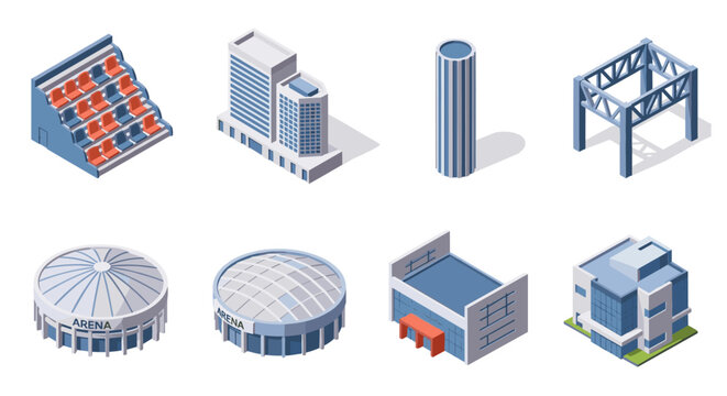 Modern isometric building icons with urban architecture and stadium designs