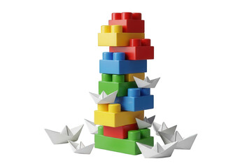 Fototapeta premium Colorful blocks stacked high with paper boats around base