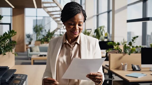 Businesswoman using photocopier and reading documents in modern office  