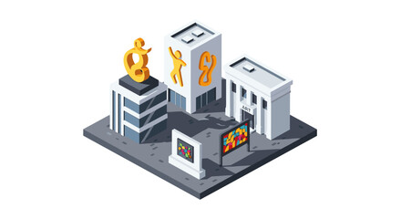 Obraz premium Modern urban art hub with isometric cityscape and sculptures