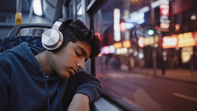 Teen sleeping on public bus while wearing headphones at night  