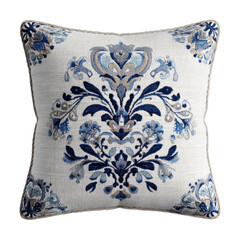 Blue floral damask decorative throw pillow cushion isolated on Transparent Background