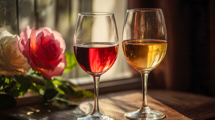 Fototapeta premium Two elegant glasses of ros? and white wine beautifully illuminated by warm sunlight with soft pink roses in the background for a romantic setting