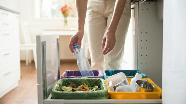 Sorting household waste in kitchen,categorized trash disposal for recycling,environmental awareness and sustainable lifestyle at home