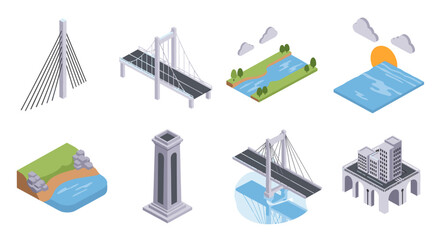 Fototapeta premium Isometric urban landscape set with bridges, roads, and nature elements