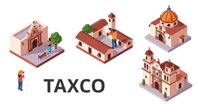 Exploring taxco's iconic architecture: isometric view of historic churches and landmarks