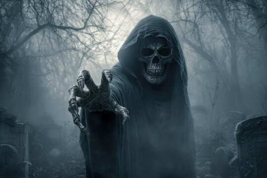 A ghastly skeletal figure in a dark hooded cloak reaching forward ominously in a foggy, eerie graveyard surrounded by leafless trees and ancient tombstones