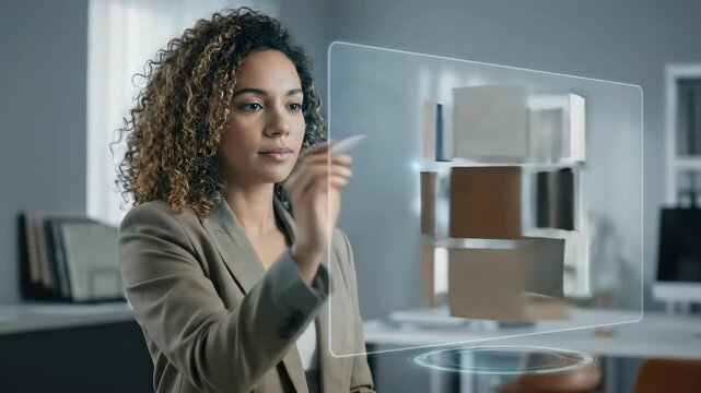 Woman designer examining and selecting fabric and material samples on a virtual screen for interior design or fashion application