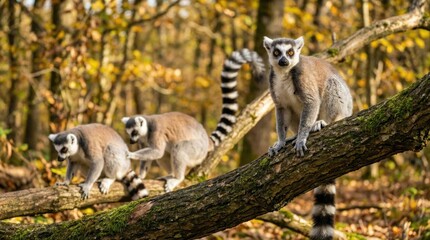 Obraz premium Ring-tailed lemurs in autumn forest habitat,expressing curiosity and social behavior,endangered species in their natural environment,perfect for wildlife and nature themes