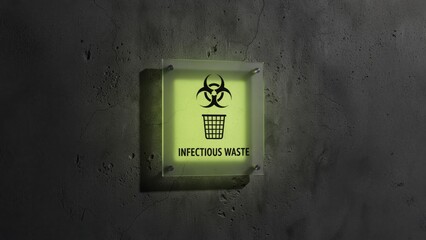 Glowing infectious waste sign with biohazard symbol and bin icon