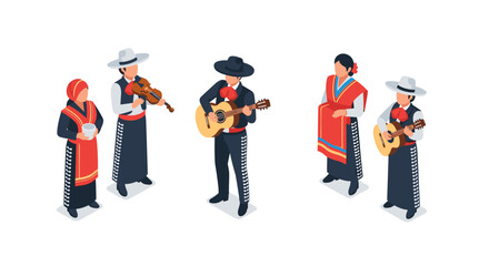 Traditional mexican mariachi musicians in isometric style performing with vibrant outfits and instruments on white background